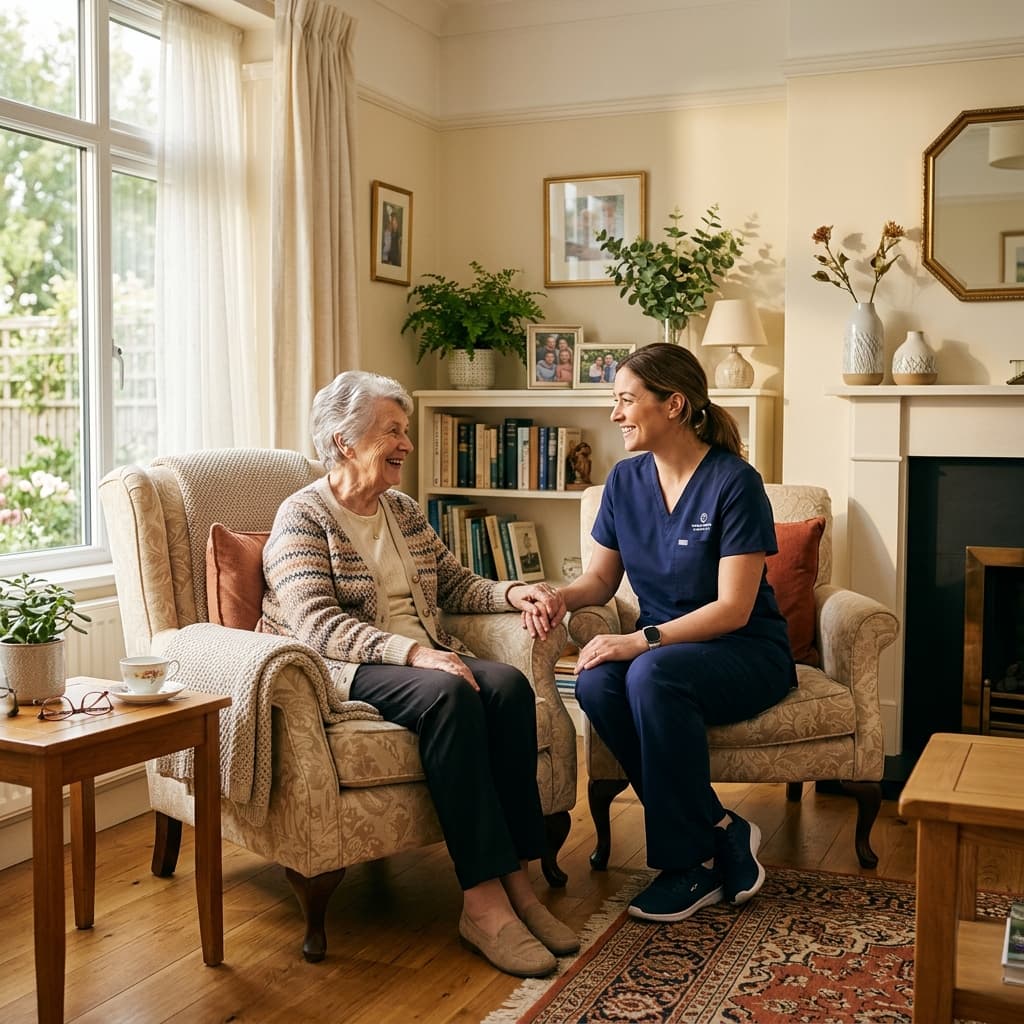 Caregiver and elderly resident sharing a warm moment at home